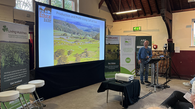 David Finlay presenting with opening slide showing his farm